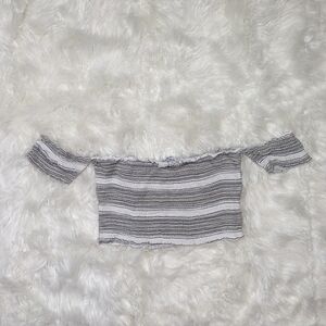 Fashion Nova Off The Shoulder Striped‎ White and Grey Smocked Crop Top Size M